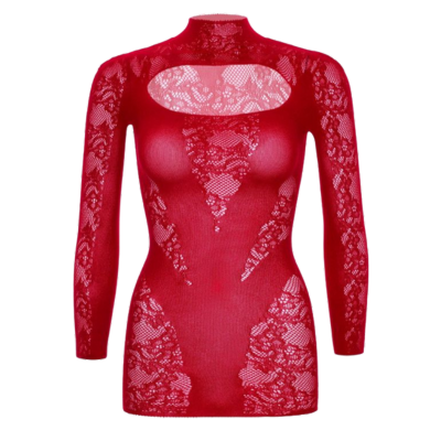LEG AVENUE MINI VESTIDO COM RENDA MANGA COMPRIDA VERMELHO